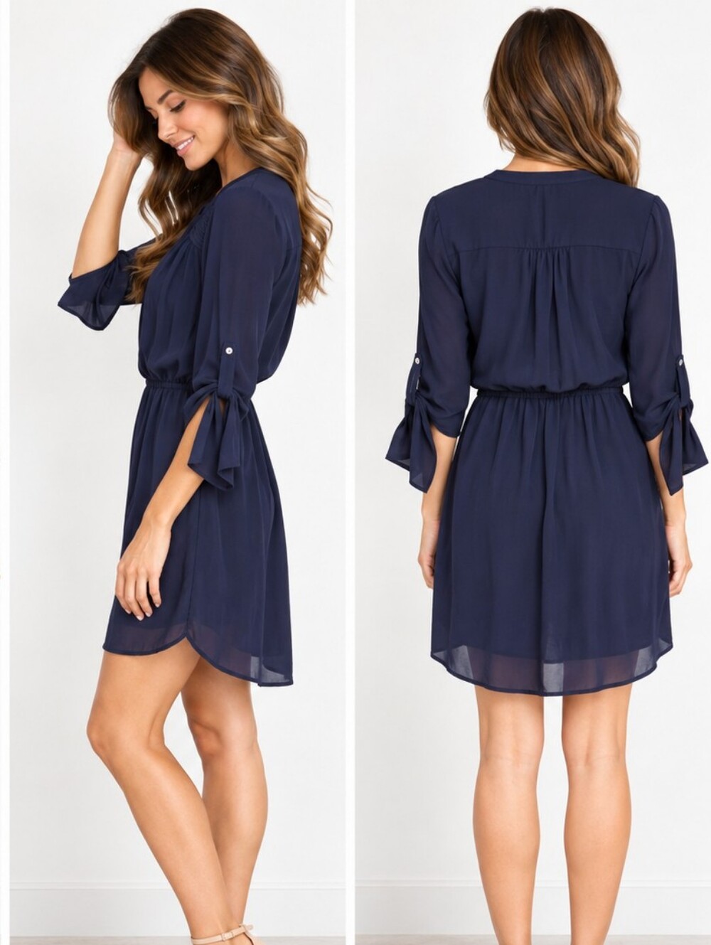 EUC DR2 women's ruffled shoulder adjustable sleeve mini dress, S, navy, lined - Picture 2 of 8